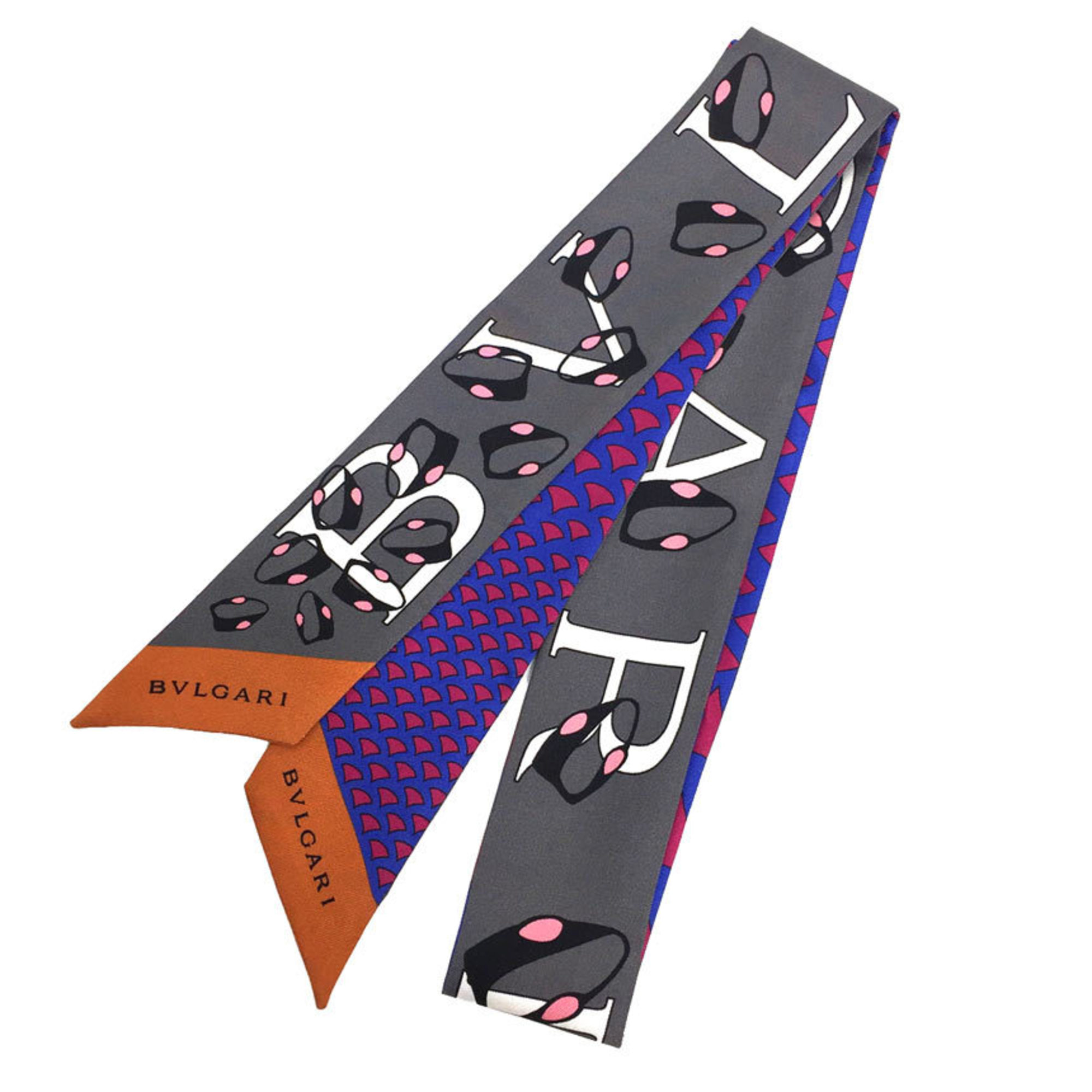 Bvlgari Thai Scarf Muffler Shelly Serpenti Gray X Purple Ribbon Silk